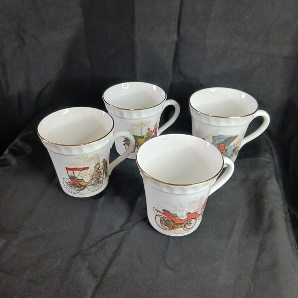Staffordshire Tea Cups LOT of 4 with Antique Cars Victorian People and Gold Gild - Picture 1 of 15